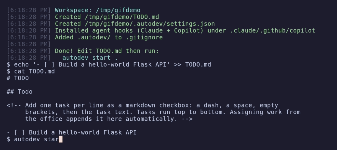 Terminal screenshot of autodev init scaffolding TODO.md and the .autodev settings folder in a fresh workspace.