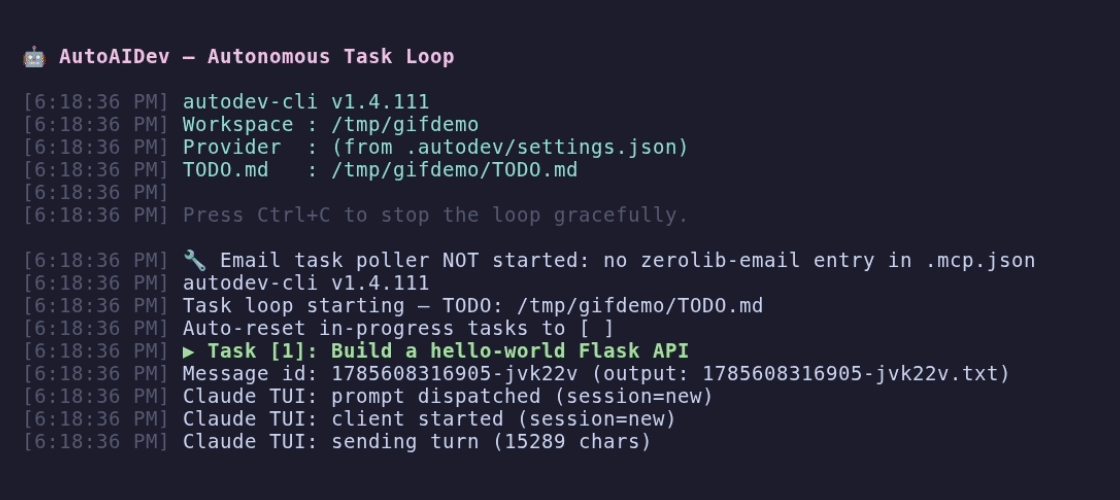 Terminal screenshot of autodev start picking a pending task, dispatching to the provider, and reporting progress.