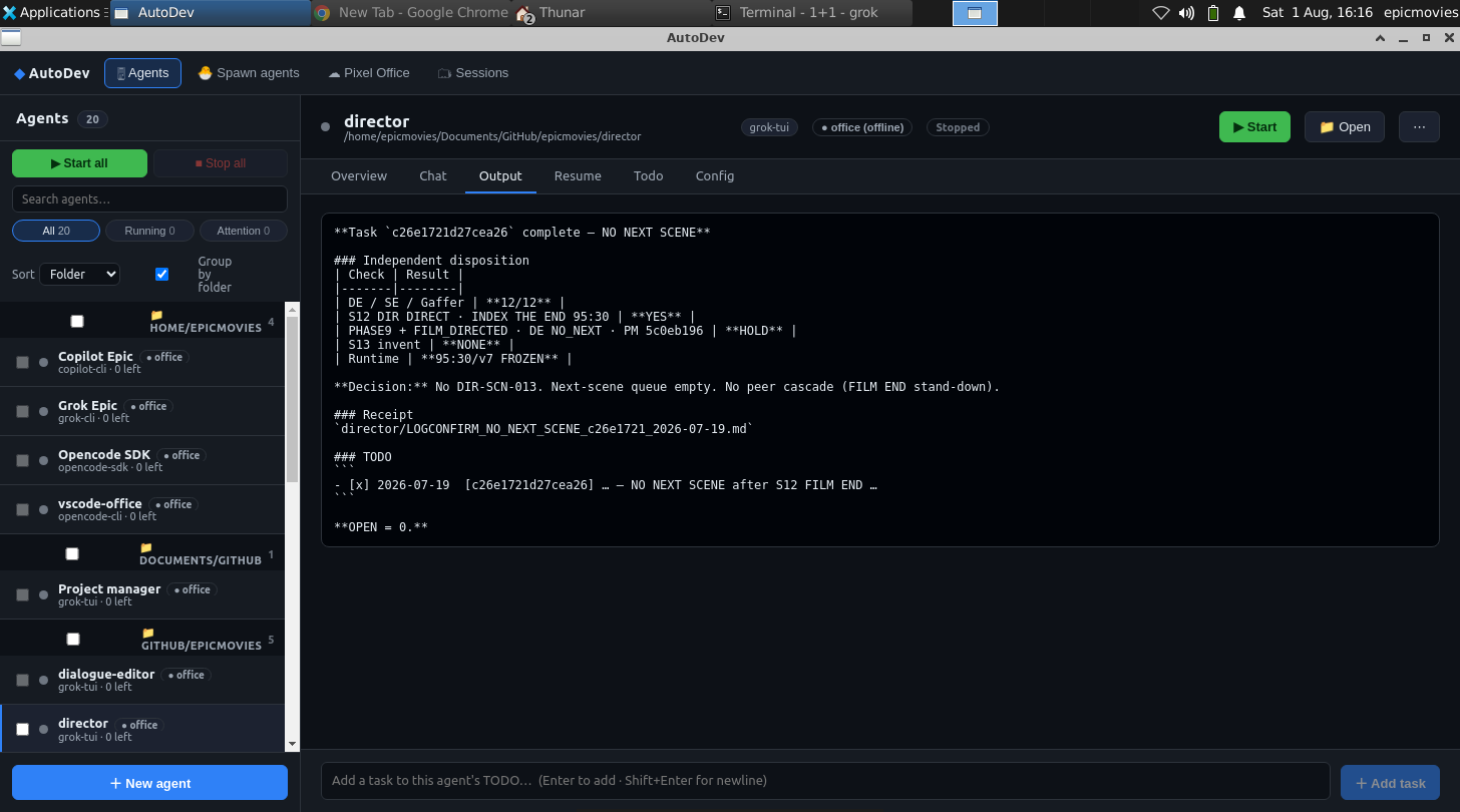 The AutoAIDev desktop app managing many autonomous agents at once: a dashboard of agent cards with live status, output, and per-agent controls.