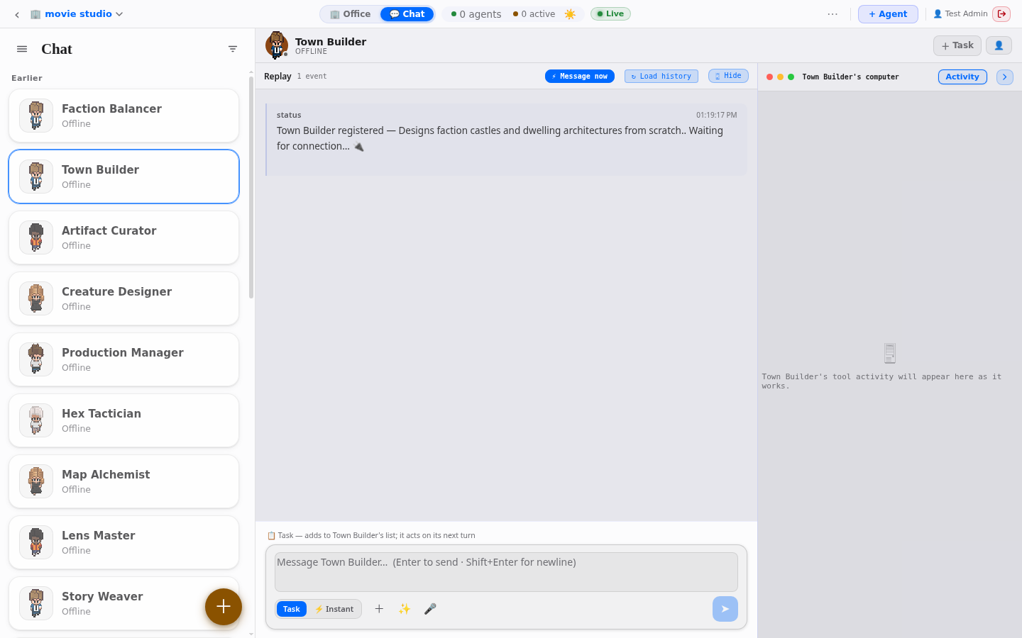 Chatting with and steering an AI agent inside the pixel office: a chat panel beside the agent's character with live messages.